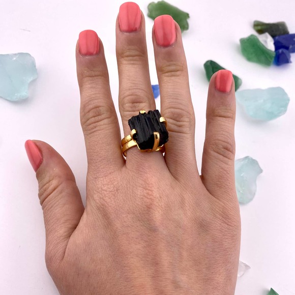 Natural Raw Black Tourmaline 18k Gold Plated Adjustable Ring - Picture 8 of 10